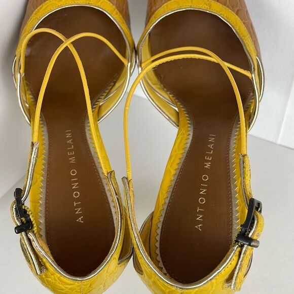 Yellow Mustard Crocodile Embossed Leather Heels 7 - Picture 5 of 14